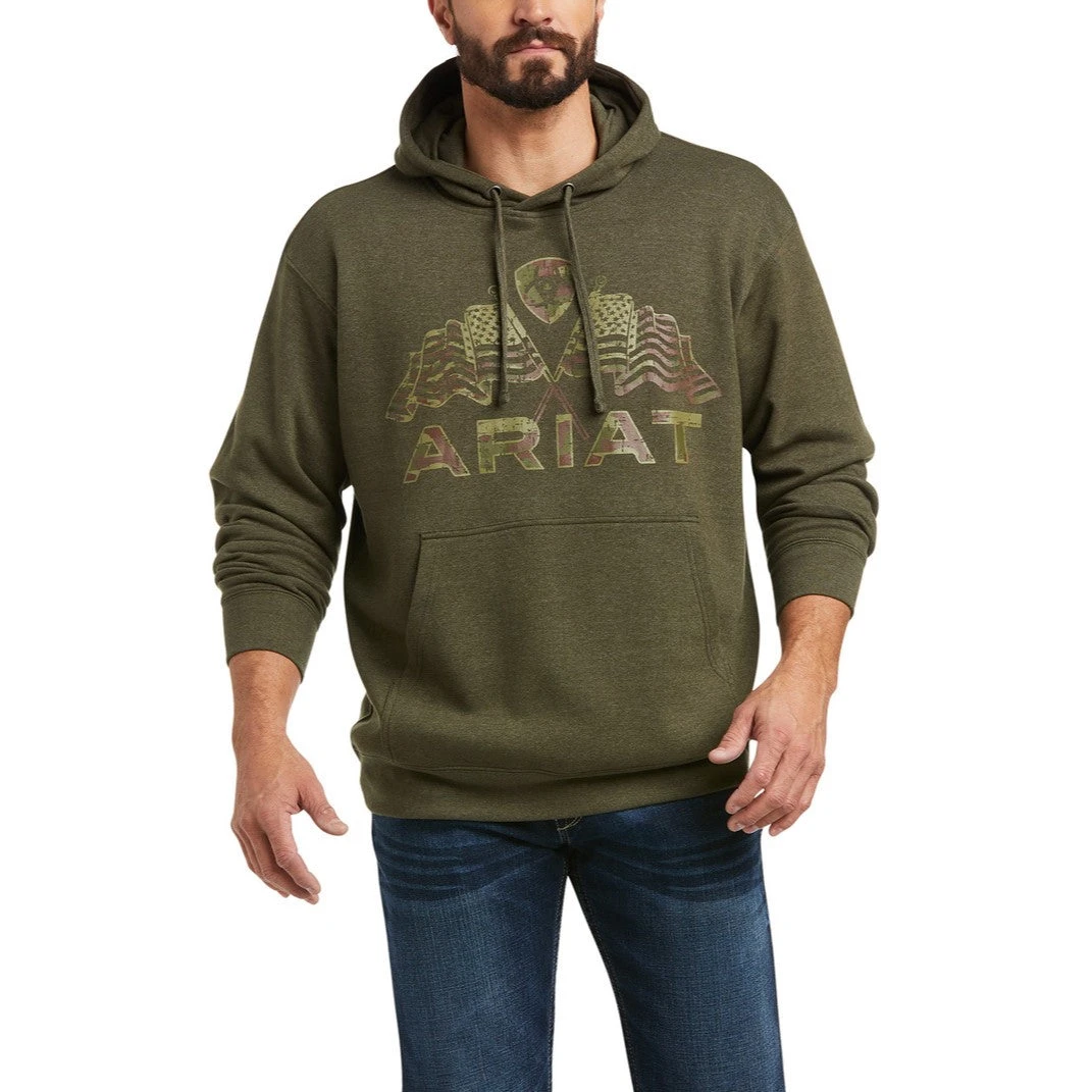 Ariat Men's Basic Brine Olive Double American Flag Hoodie 10037529 1 Ariat Men's Basic Brine Olive Double American Flag Hoodie 10037529