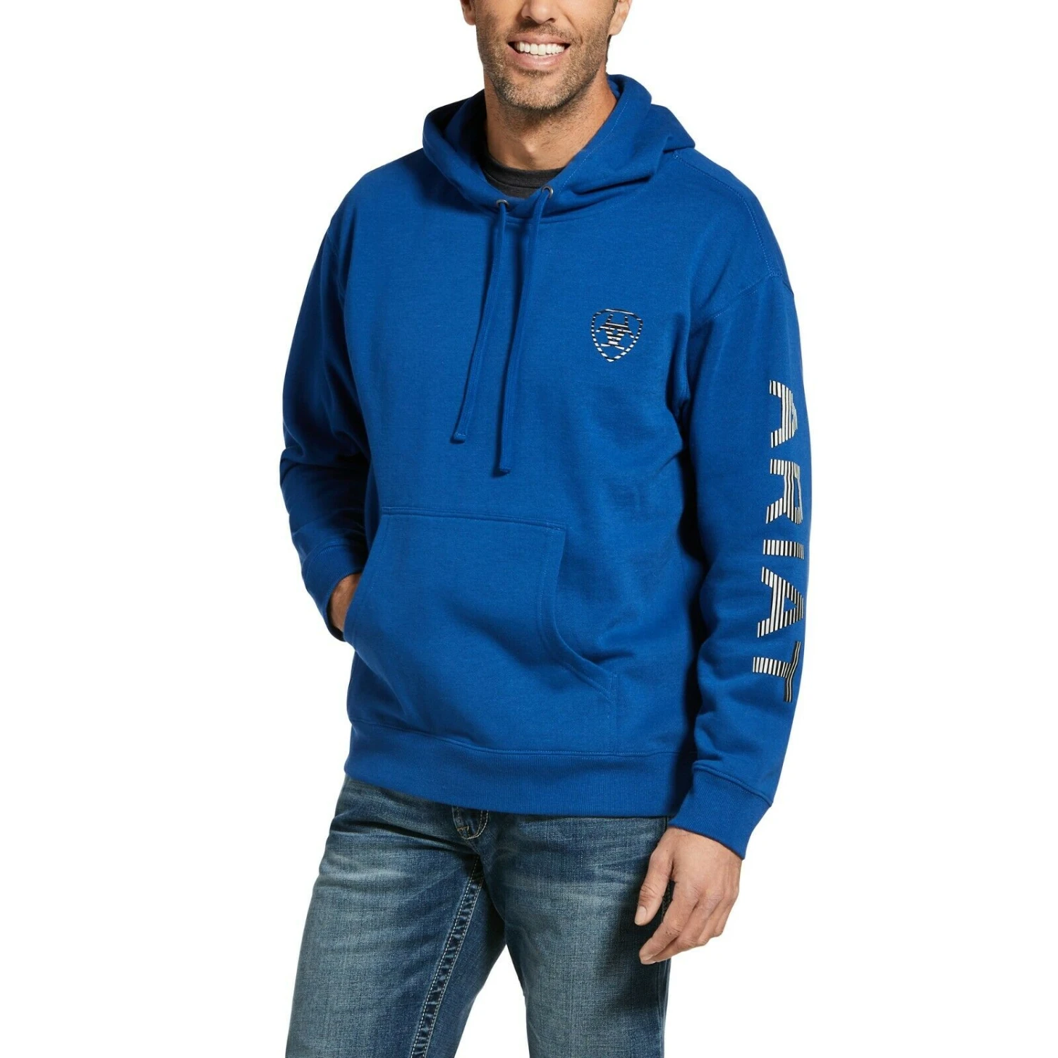 Ariat® Men's Stencil Logo Brushed Fleece Cobalt Hoodie 10033146 1 Ariat® Men's Stencil Logo Brushed Fleece Cobalt Hoodie 10033146