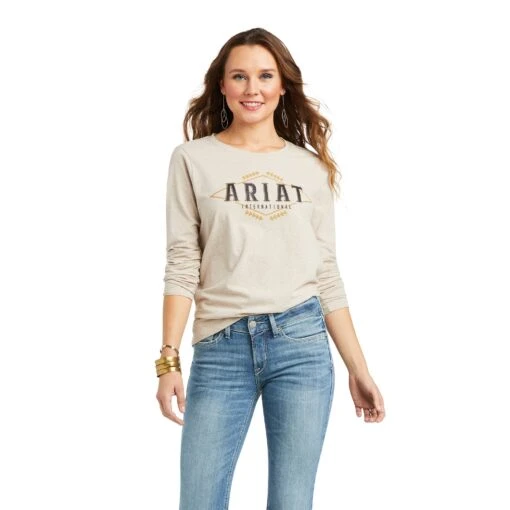 Ariat® Ladies REAL Logo Flourish LS Heather Oatmeal T-Shirt 10036965 -Ariat Shop F21 WMS WEST 10036965 front