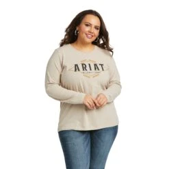 Ariat® Ladies REAL Logo Flourish LS Heather Oatmeal T-Shirt 10036965 -Ariat Shop F21 WMS WEST 10036965 front plus