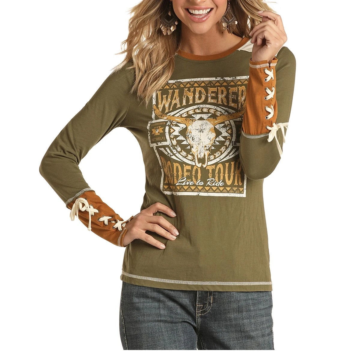 Panhandle® Ladies Olive Green Graphic Lace Up Cuff Shirt L8T7223-31 1 Panhandle® Ladies Olive Green Graphic Lace Up Cuff Shirt L8T7223-31