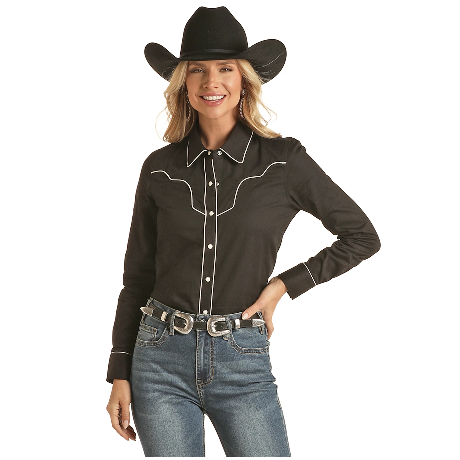 Rock & Roll® Ladies Retro Piping Black Snap Shirt RRWSOSR0BS-01 1 Rock & Roll® Ladies Retro Piping Black Snap Shirt RRWSOSR0BS-01