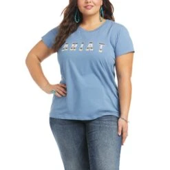 Ariat Ladies Real Cheetah Logo Blue T-Shirt 10036194 -Ariat Shop S21 WMS WEST 10036194 front plus