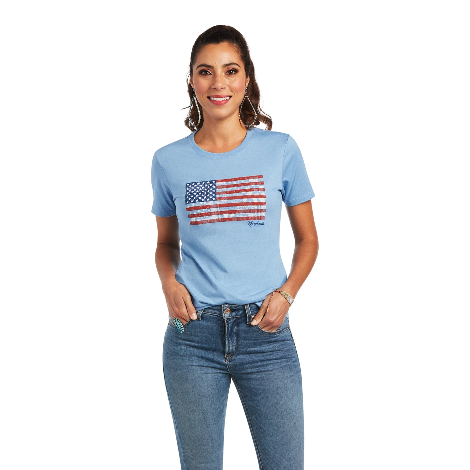 Ariat® Ladies Paisley Flag Light Blue Heather Graphic T-shirt 10040962 1 Ariat® Ladies Paisley Flag Light Blue Heather Graphic T-shirt 10040962