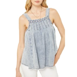 Entro Ladies Acid Wash Denim Square-neck Sleeveless Shirt T16389-DEM